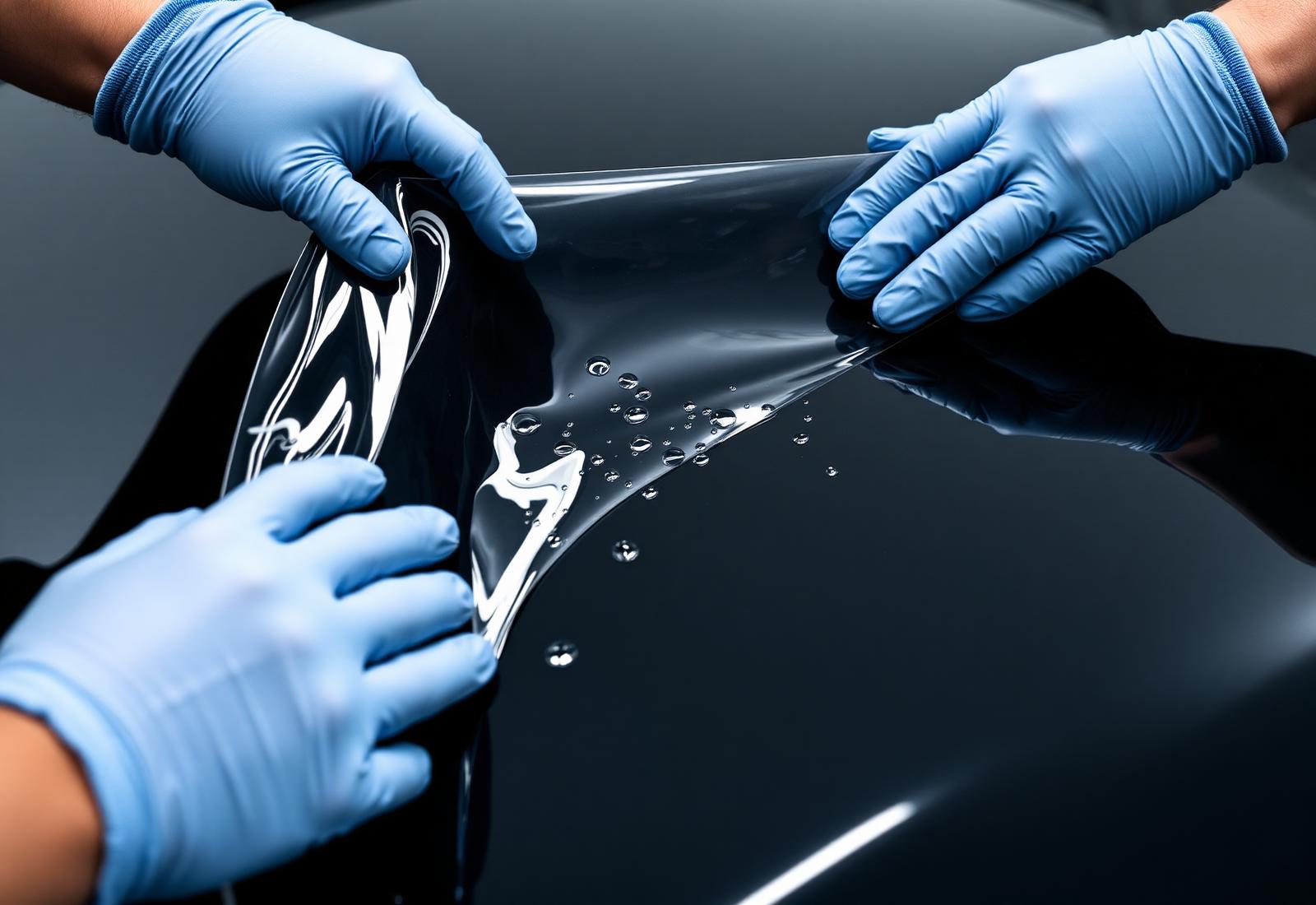 Certified installer applying clear Solar Gard paint protection film to the hood of a glossy black luxury car in Dublin, CA